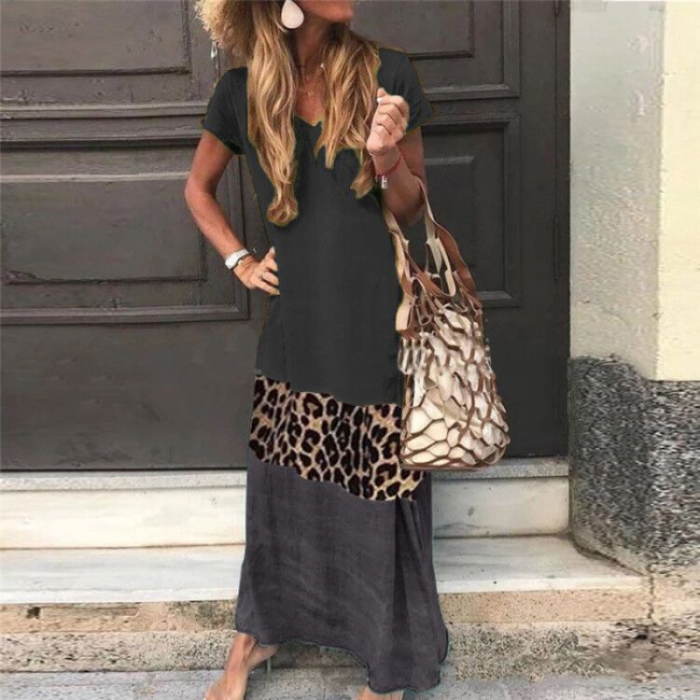 Fashionable Long Sleeves Casual Loose Stitching Printed V-Neck Maxi Dress