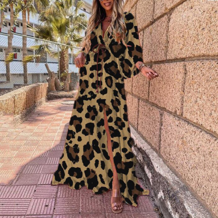 Elegant V-Neck Long Sleeve Lace Up Floral Leopard Print Sexy Slit  Maxi Dress