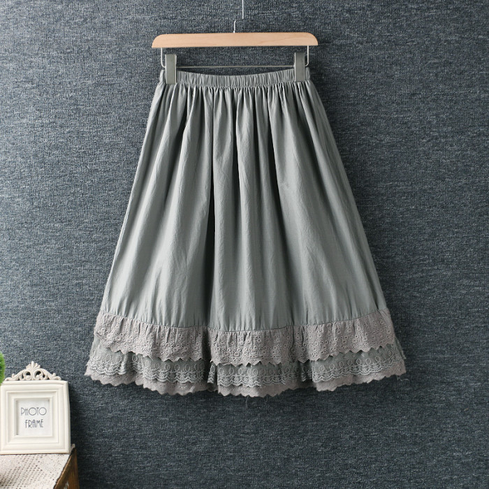 Summer Women Elastic Waist Lace Embroidery Loose Cotton Skirts