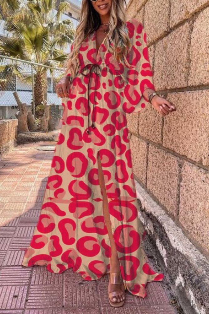 Elegant V-Neck Long Sleeve Lace Up Floral Leopard Print Sexy Slit  Maxi Dress