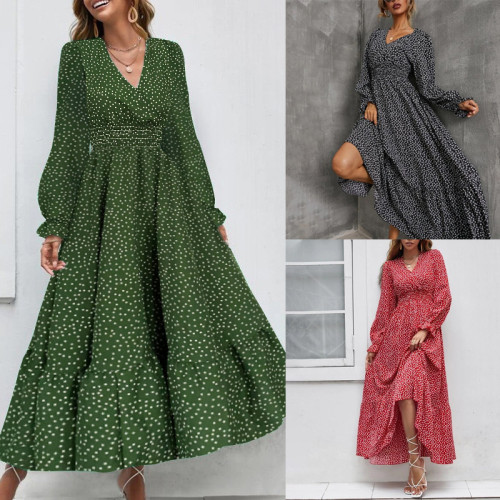 Women's New Fashion Elegant V-Neck Print  Maxi Dress