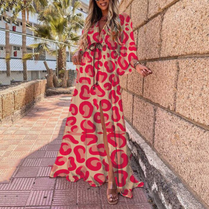 Elegant V-Neck Long Sleeve Lace Up Floral Leopard Print Sexy Slit  Maxi Dress