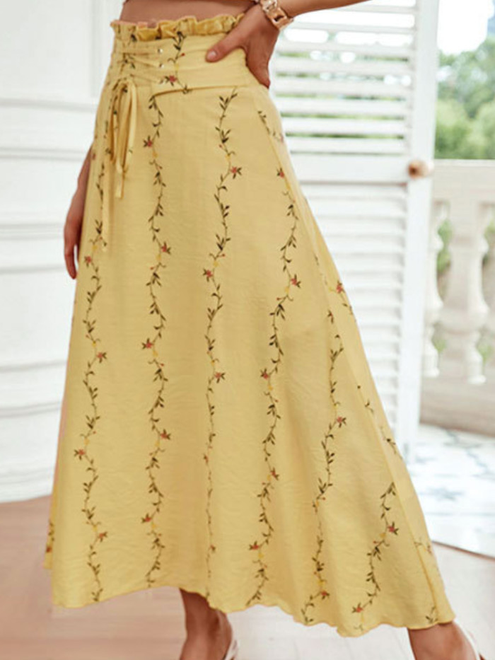 Summer Elegant Print Chiffon Sashes Floral Sweet Skirt