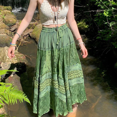 Vintage Floral High-Waisted Loose Mid-Calf Pleated Skirts