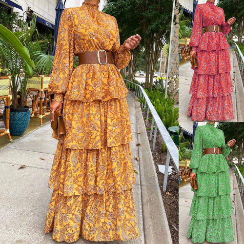 Fashion Vintage Print Ruffled Boho Elegant Turtleneck Party Maxi Dress