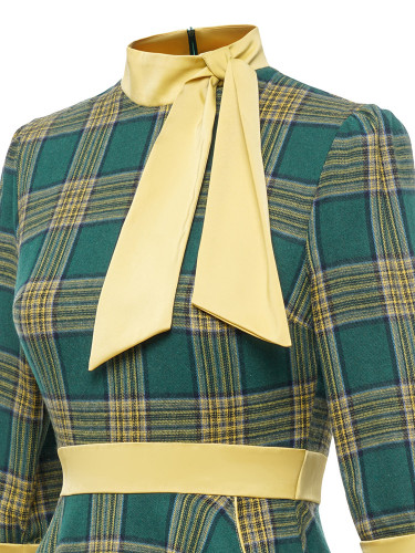 Fashion Bow Turtleneck Plaid 3/4 Long Sleeve Vintage Dress