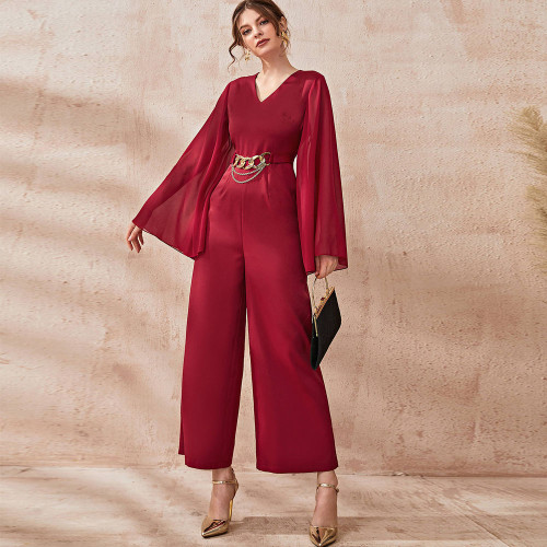 Fashionable Sexy Solid Color Temperament V-neck Jumpsuit