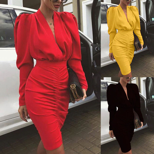 Party Solid Color V-Neck Bubble Long-Sleeve Fashion  Bodycon Dress