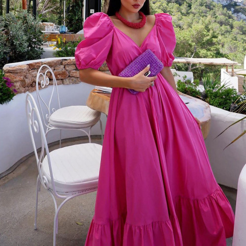 Fashion Elegant Pleated Solid Color V Neck Puff Sleeve Party Maxi Dress
