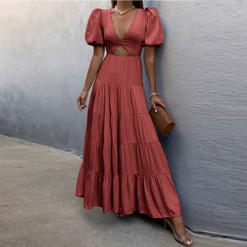 Fashion Elegant Deep V Neck Puff Sleeves Sexy Solid Color Cutout Party Casual Maxi Dress