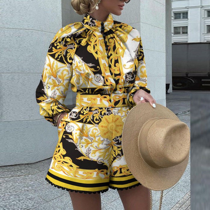 Elegant Printed Stand Collar Button-Up Shirt + Trendy Pocket Shorts  Two-piece Outfits
