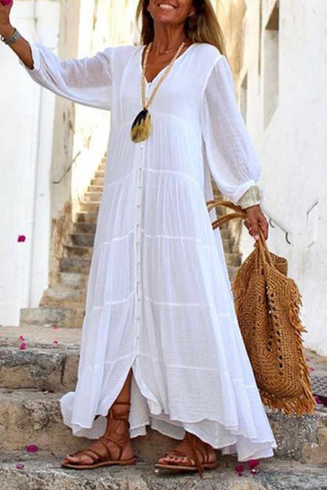 Solid Casual Bohemian V-Neck Long Sleeve Single-Breasted Button Loose  Maxi Dress