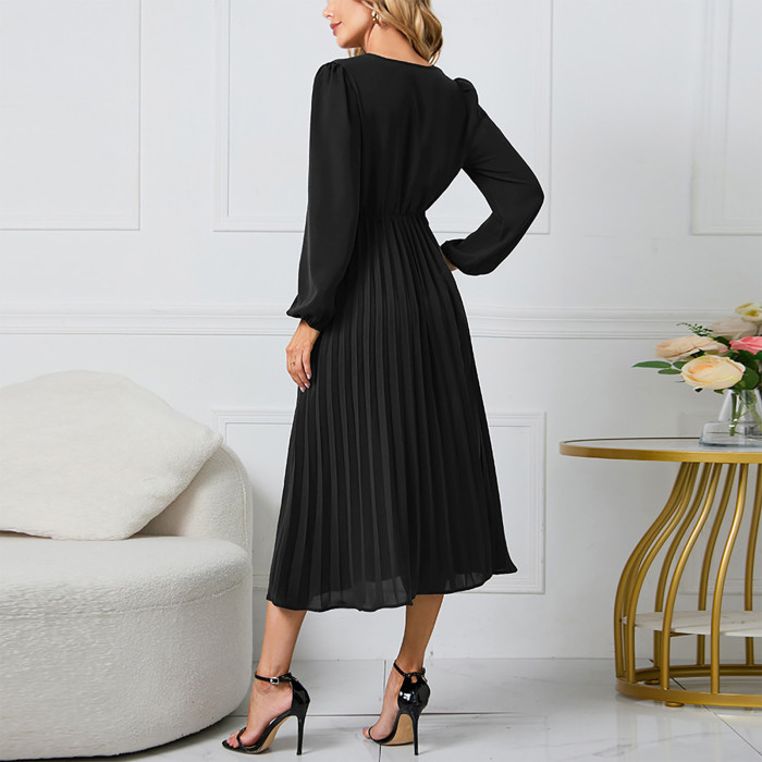 Stylish and Elegant Long Sleeve Slim Fit Pleated V Neck Party Midi Dress