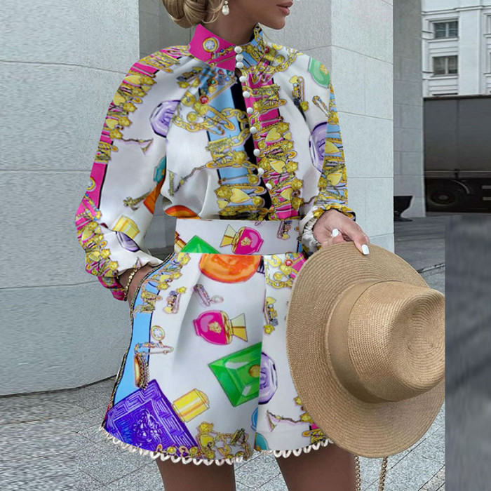 Elegant Printed Stand Collar Button-Up Shirt + Trendy Pocket Shorts  Two-piece Outfits
