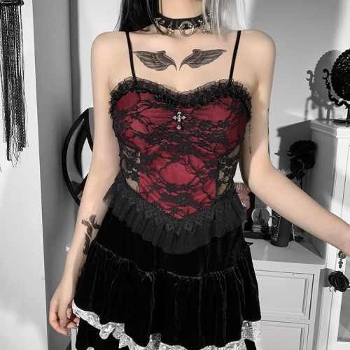 Gothic Crop Black Lace Trim Backless Sexy Strap Camis