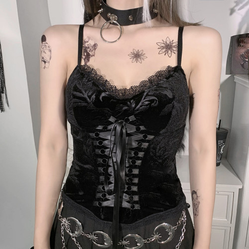 Gothic Lace Up Black Vintage Bandage Velvet Sexy Backless Camis