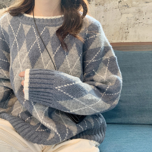 Fashion Loose Pullover Rhombus Plaid Long Sleeve Sweater