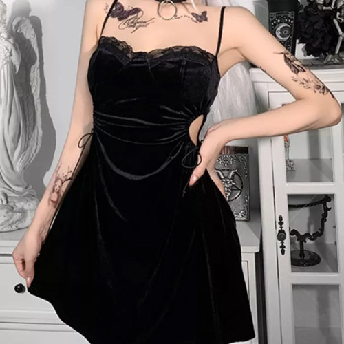 Gothic Sexy Lace Trim Cutout Hollow Lace Up Corset Gothic Dress