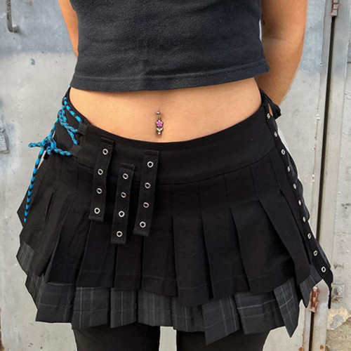 Gothic Contrast Tie High Waist Mini Pleated Skirt