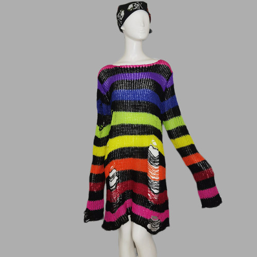 Gothic Ripped Mid Length Color Striped Loose Dark Knit Sweater
