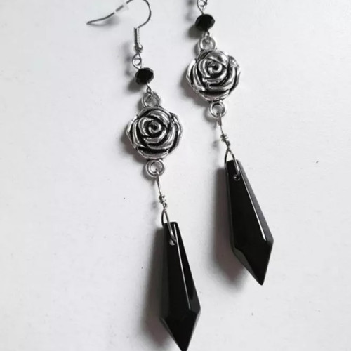 Gothic Victorian Rose and Black Glass Drop Dangle Earrings