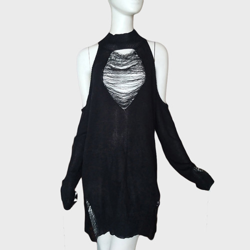 Gothic Black Ripped Off Shoulder Loose Round Neck Long Sleeve Sweater