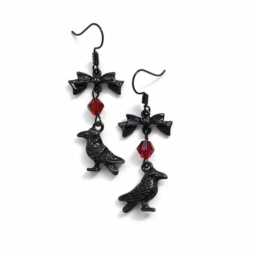 Gothic Red Beads Black Crow Earrings