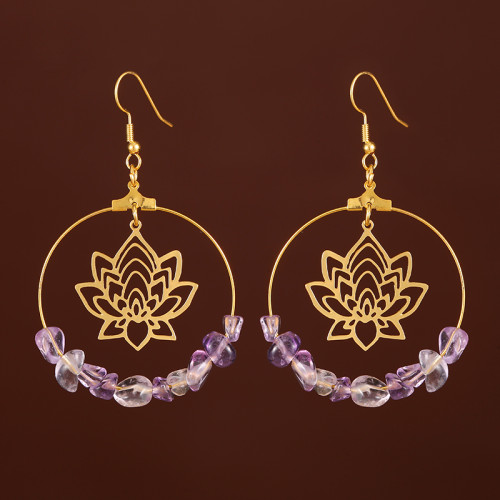 Gold Round Lotus Purple Crystal Pendant Earrings
