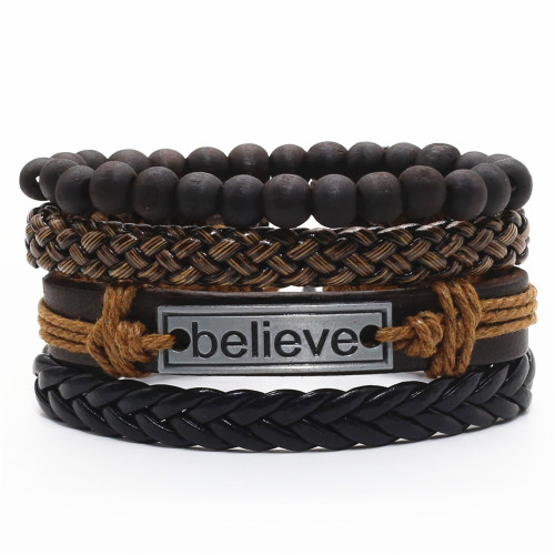4pcs/set Khaki Black Brown Rope Woven Beads Leather Bracelets