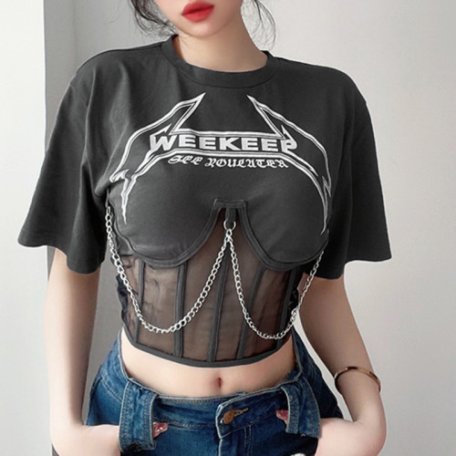 Sexy Printing Mesh Chain Decoration Gothic Shirts