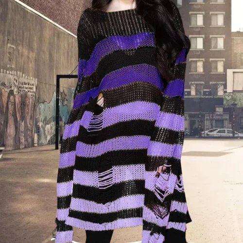 Gothic Long Fashion Striped Hollow Holes Loose Street Sweater Tops