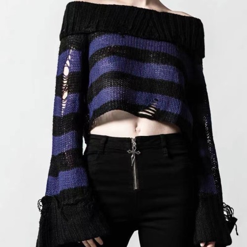 Gothic Ripped Harajuku Off Shoulder Long Sleeve Striped Sweater Top