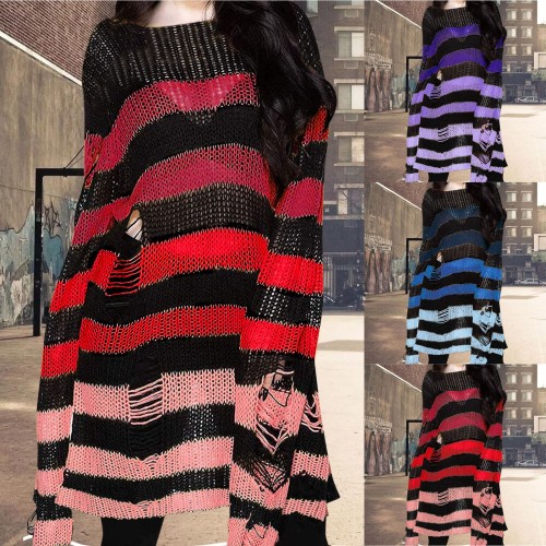 Gothic Long Fashion Striped Hollow Holes Loose Street Sweater Tops