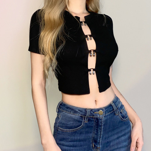 Sexy Metal Decor Hollow Out Slim Gothic Shirts