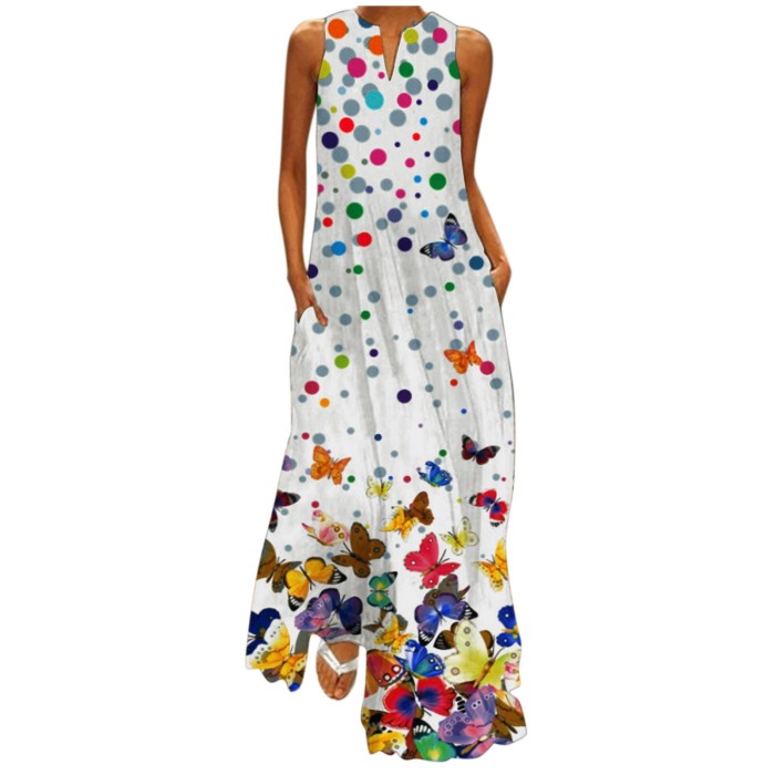 Women Summer Long Dress Casual Sleeveless Butterfly Print V-Neck Maxi Dres