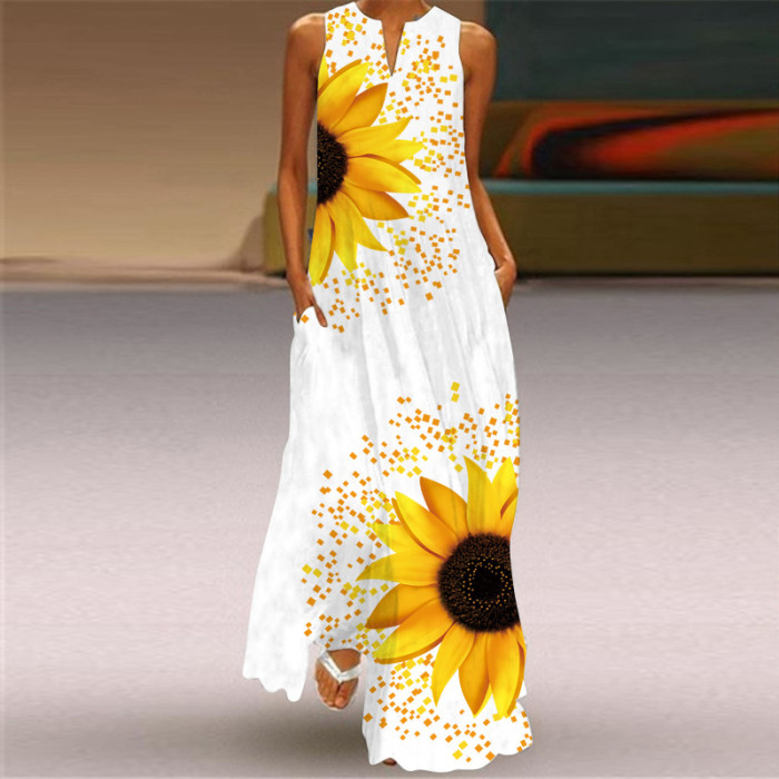Vintage Print Women Sundress Summer Fashion Sexy V-neck Sleeveless Long Dresses