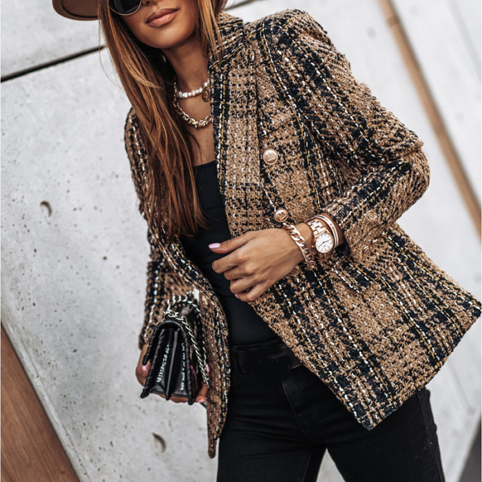 Vintage Women Plaids Lapel Blazers Autumn New Long Sleeve Double Breasted Tailored Collar Outerwear