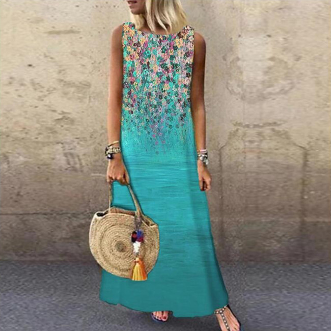 Vintage Floral Printed Women Sleeveless Sundress Summer Loose Casual Beach Long Dress Ladies Bohemia Maxi Dresses