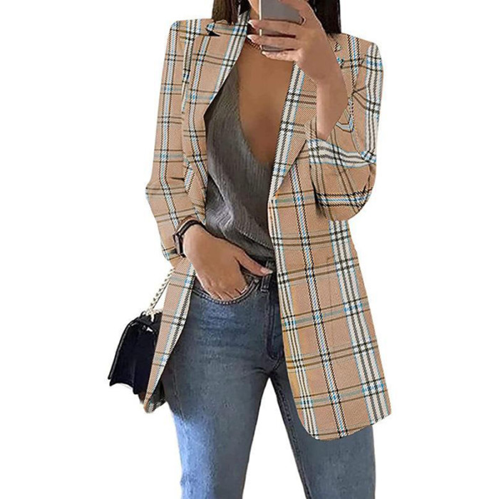 Vintage Women Plaid Print Lapel Slim Blazers Sprint Autumn Long Sleeve Mid-Length Coat