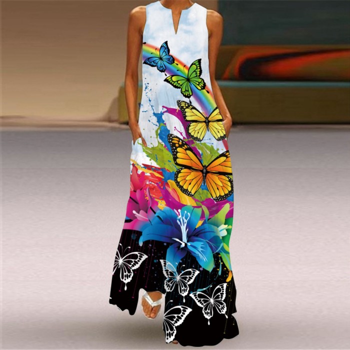 Women Summer Long Dress Casual Sleeveless Butterfly Print V-Neck Maxi Dres