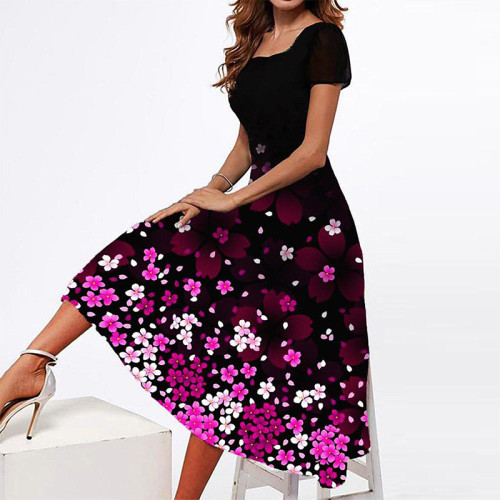 Floral Print Women A-Line Party Dress Summer New Fashion Square Neck Short Sleeve Maxi Dress