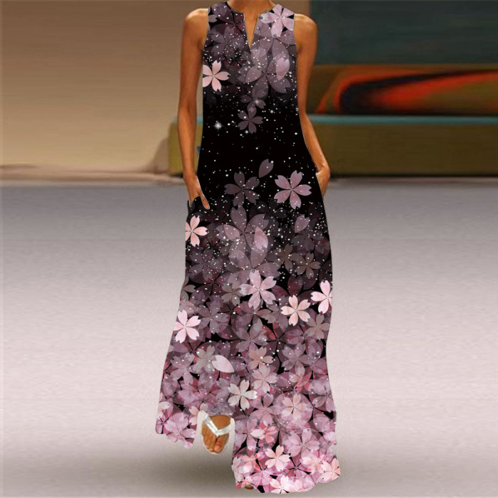 Vintage Print Women's Sundress 2022 Summer Fashion Sexy V-neck Sleeveless Long Dress