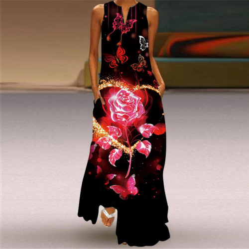 3D Floral Printed Women Dress Summer Vintage V-neck Sleeveless Loose Maxi Dress