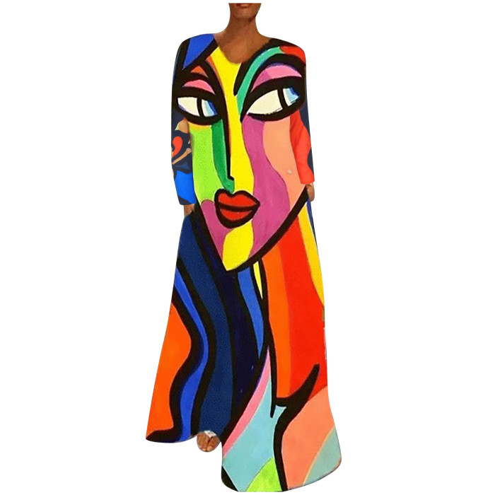 Women Fashion Abstract Print Casual Long Sleeve Sexy V-Neck Loose Maxi Long Dresses