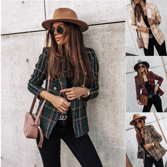 Vintage Women Plaids Lapel Blazers Autumn New Long Sleeve Double Breasted Tailored Collar Outerwear
