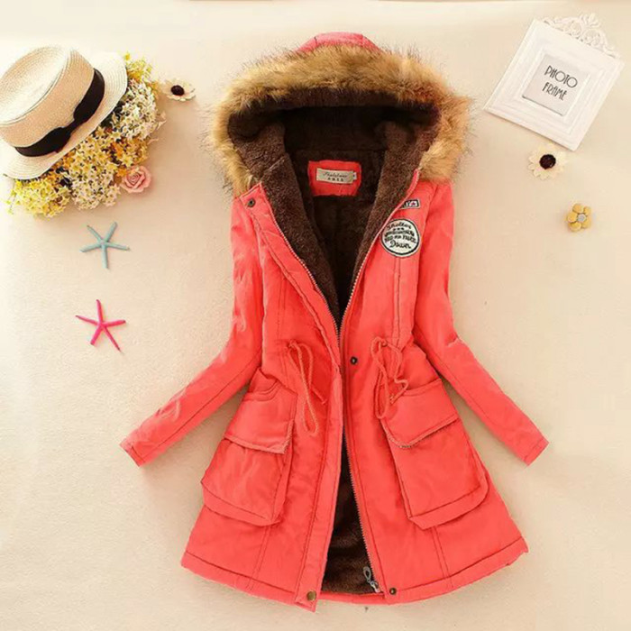 Solid fur Zipper Parka 2022 Winter Fashion Hooded Adjustable Waist Warm Coat Outerwear Down Jackets