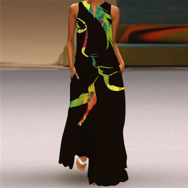 Sexy V-neck Sleeveless Women's Sundress 2022 Summer Fashion Long Dress with Pocket Maxi Dress