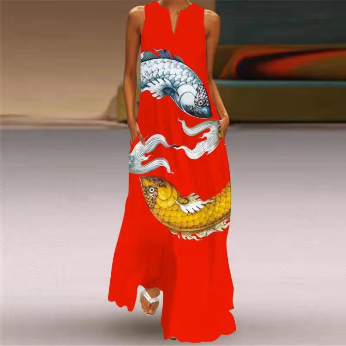 Vintage Women Printed Boho Maxi Dresses Summer Fashion V-Neck Sleeveless Long Dress