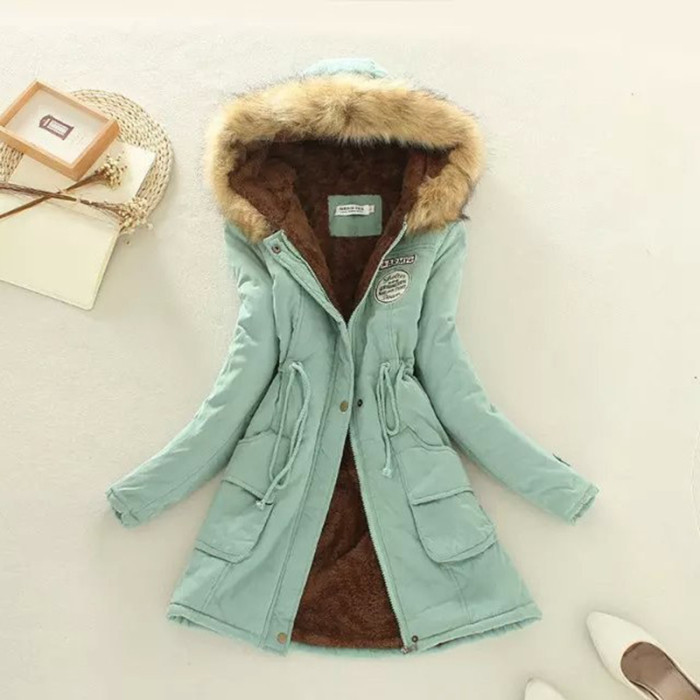 Solid fur Zipper Parka 2022 Winter Fashion Hooded Adjustable Waist Warm Coat Outerwear Down Jackets