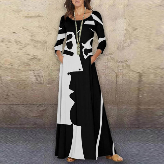 Vintage Face Abstract Print A-line Maxi Dress Women Spring Autumn O-neck Long Sleeve Party Dress
